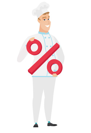 Caucasian chef cook in uniform holding percent sign. Full length of chef cook holding percent sign. Cheerful chef cook with percent sign. Vector flat design illustration isolated on white background.のイラスト素材
