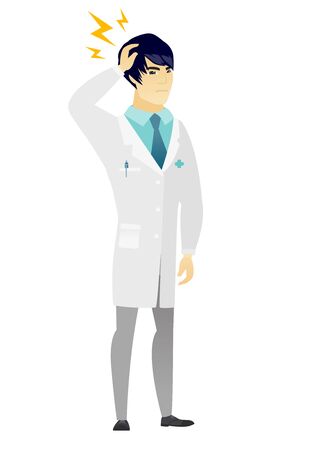 Asian doctor with lightning over head. Full length of doctor with lightning. Confident doctor in medical gown standing under lightning. Vector flat design illustration isolated on white background.のイラスト素材