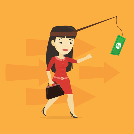 Businesswoman trying to catch money on fishing rodのイラスト素材