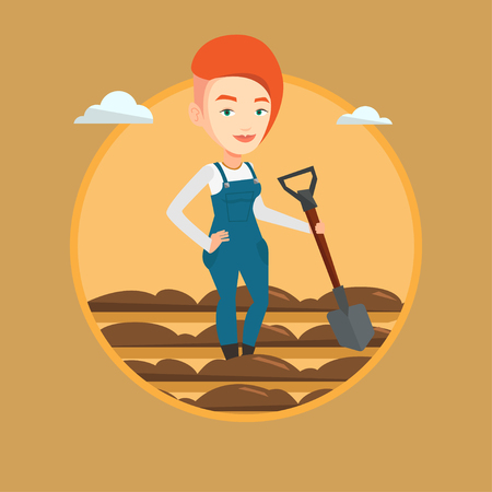 Farmer standing with shovel on the background of field. Woman working in field with a shovel. Woman plowing field with a shovel. Vector flat design illustration in the circle isolated on background.のイラスト素材