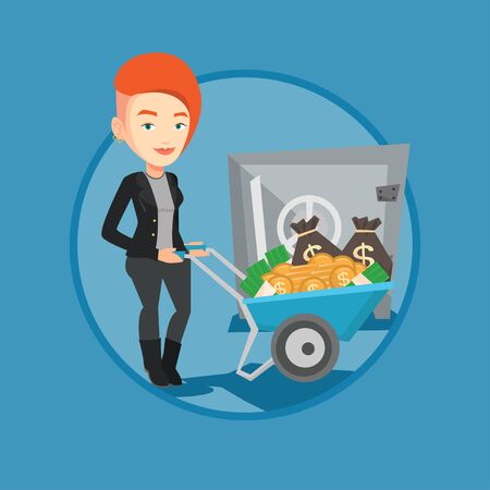 Business woman depositing money in bank in safe.のイラスト素材