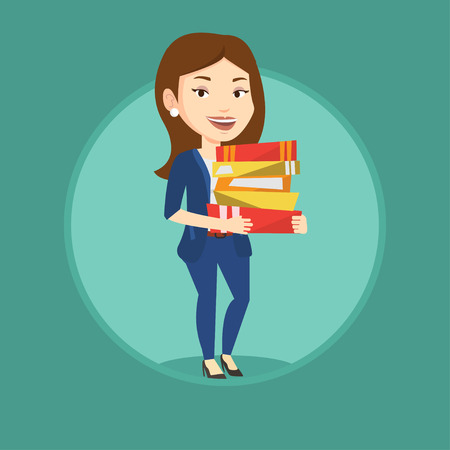 Woman holding pile of books vector illustration.のイラスト素材