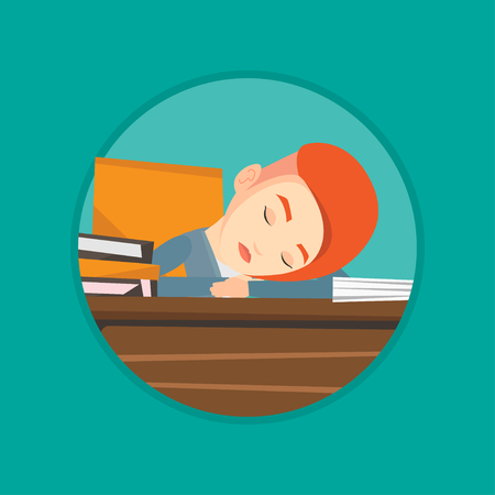 Fatigued student sleeping at the desk with books. Tired student sleeping after learning. Girl sleeping among the books at the table Vector flat design illustration in the circle isolated on backgroundのイラスト素材