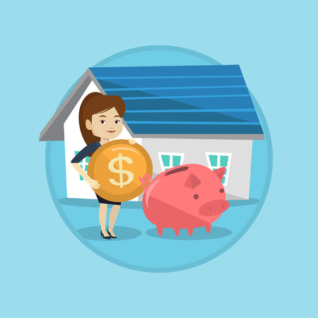 Woman puts money into piggy bank for buying house.のイラスト素材