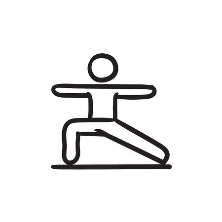 Man in the virabhadrasana II pose vector sketch icon isolated on background. Hand drawn Man in virabhadrasana II pose icon. Man in virabhadrasana II pose sketch icon for infographic, website or app.のイラスト素材