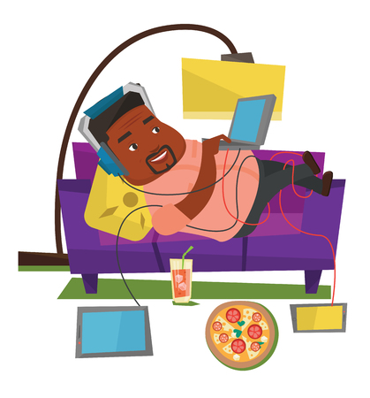 Fat man with belly relaxing on a sofa with gadgets. Man lying on a sofa surrounded by gadgets and fast food. Fat man using gadgets at home. Vector flat design illustration isolated on white backgroundのイラスト素材