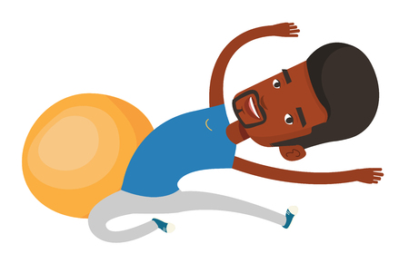 African-american man exercising in the gym. Man doing stretching. Sportsman stretching before training. Man doing stretching exercises. Vector flat design illustration isolated on white background.のイラスト素材