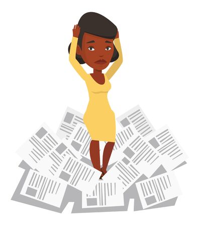 Business woman having a lot of paperwork. Young business woman surrounded by lots of papers. Business woman standing in the heap of papers. Vector flat design illustration isolated on white backgroundのイラスト素材