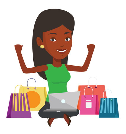 Young african woman with hands up using laptop for shopping online. Woman sitting with shopping bags around her and doing online shopping. Vector flat design illustration isolated on white background.のイラスト素材