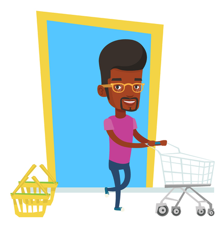 African-american man pushing shopping trolley. Man rushing to shopping with trolley. Man with empty shopping trolley running into the shop. Vector flat design illustration isolated on white backgroundのイラスト素材