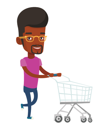 African-american man pushing shopping trolley. Young man rushing to shopping with trolley. Smiling man running with empty shopping trolley. Vector flat design illustration isolated on white backgroundのイラスト素材
