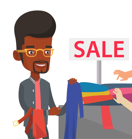 African-american man choosing clothes in shop on sale. Man buying clothes at store on sale. Young man shopping in clothes shop on sale. Vector flat design illustration isolated on white background.のイラスト素材