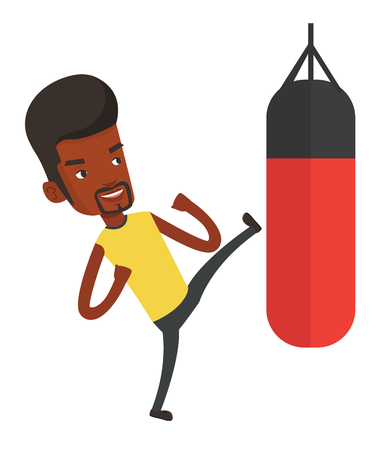 African-american boxer exercising with boxing bag. Boxer hitting heavy bag during training. Young boxer training with the punch bag. Vector flat design illustration isolated on white background.のイラスト素材