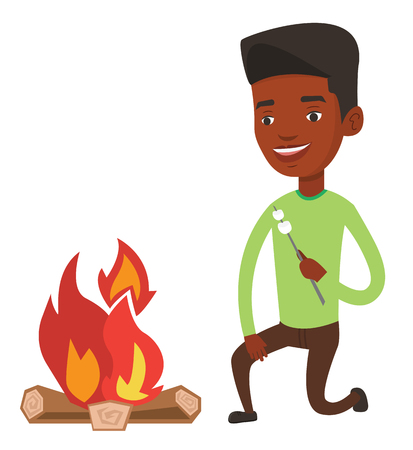 Man roasting marshmallow over campfire.のイラスト素材