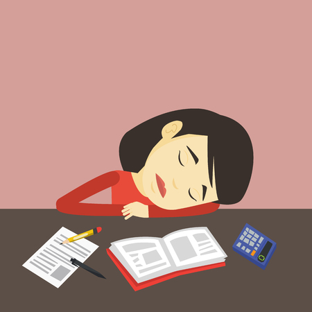 Fatigued asian student sleeping at the desk with books. Tired student sleeping after learning. Young woman sleeping among books at the table. Vector flat design illustration. Square layout.のイラスト素材