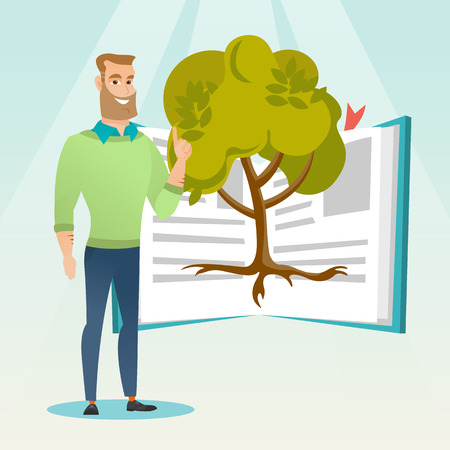 Happy caucasian student standing on the background of tree growing from open book. Cheerful student pointing at tree of knowledge. Concept of education. Vector flat design illustration. Square layout.のイラスト素材