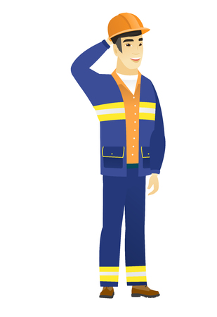 Young asian builder scratching his head.のイラスト素材