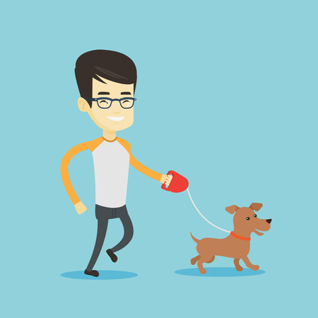 Young man walking with his dog.のイラスト素材