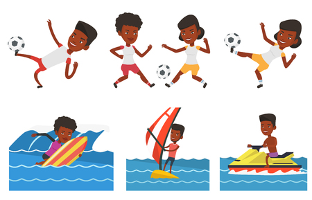 African-american soccer player kicking ball during game. Happy soccer player juggling with a ball. Soccer player playing with ball. Set of vector flat design illustrations isolated on white backgroundのイラスト素材