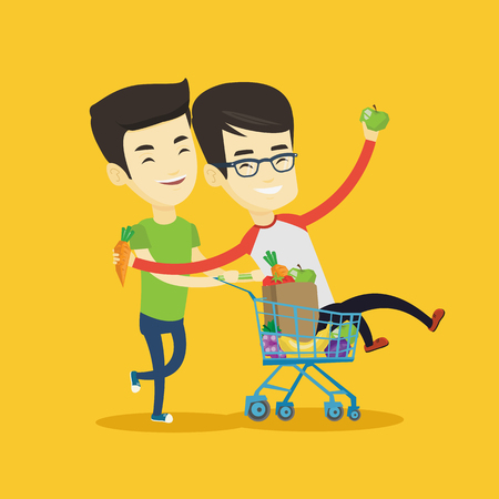 Happy asian friends pushing a shopping trolley with his friend. Couple of young carefree friends having fun while riding by shopping trolley. Vector flat design illustration. Square layout.のイラスト素材
