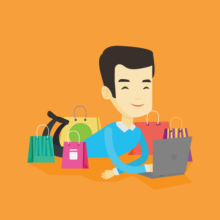 Young asian man using laptop for online shopping. Smiling man lying with laptop and making online shopping order. Man doing online shopping at home. Vector flat design illustration. Square layout.のイラスト素材