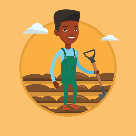 Farmer with shovel at field vector illustration.のイラスト素材