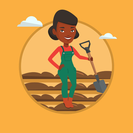 Farmer with shovel at field vector illustration.のイラスト素材