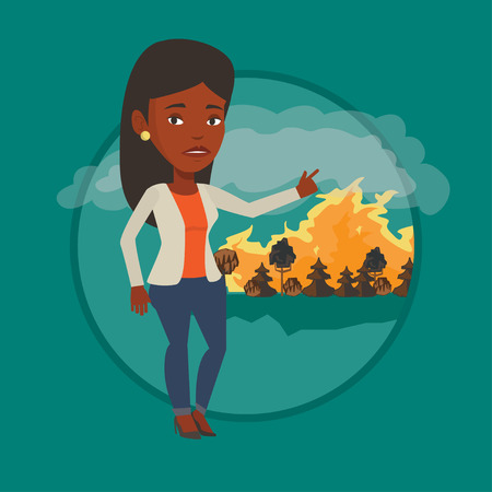 Woman standing on background of wildfire.のイラスト素材