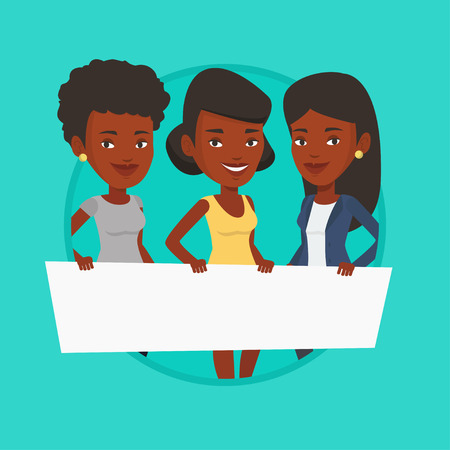 Group of young women holding white blank board.のイラスト素材