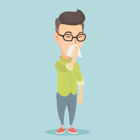 An adult caucasian man blowing his nose to paper napkin. Sick man sneezing. Unwell man having an allergy and blowing his nose to a tissue. Vector flat design illustration. Square layout.のイラスト素材