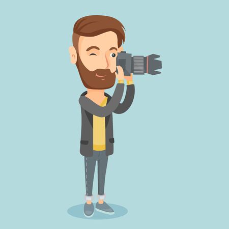 Caucasian photographer working with digital camera. Hipster photographer with beard taking a photo. Young photographer taking a picture. Vector flat design illustration. Square layout.のイラスト素材