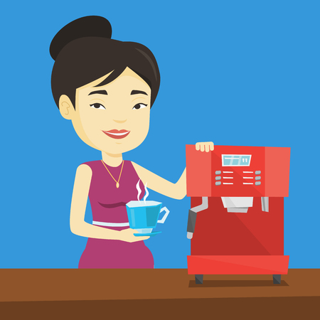 Young asian woman making coffee with a coffee-machine. Woman holding cup of hot flavoured coffee in hand. Smiling woman standing beside a coffee machine. Vector flat design illustration. Square layoutのイラスト素材