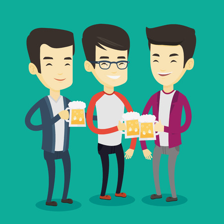 Asian friends clanging glasses of beer. Men toasting and clinking glasses of beer. Group of friends enjoying a beer at pub. Men drinking beer. Vector flat design illustration. Square layout.のイラスト素材