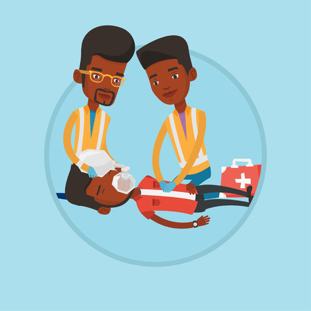 Emergency doctors carrying man on stretcher.のイラスト素材