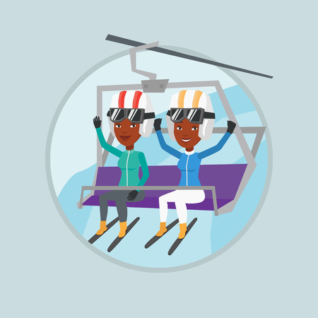 Two happy skiers using cableway at ski resort.のイラスト素材