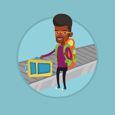 African-american man picking up suitcase on luggage conveyor belt at airport.のイラスト素材