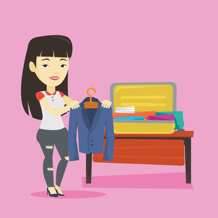Young woman packing suitcase vector illustrationのイラスト素材