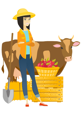 Farmer standing with crossed arms near cow.のイラスト素材