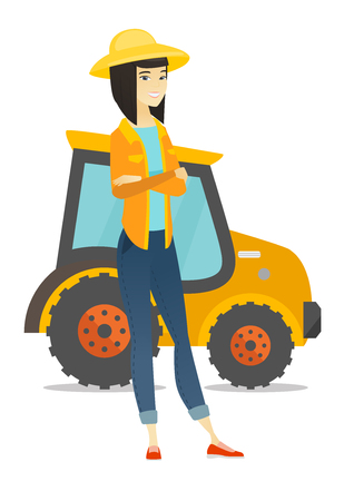 Asian farmer standing on the background of tractorのイラスト素材