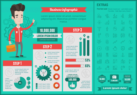 Business infographic template with caucasian business man pointing forefinger up. Business infographics elements and icons. Highly customizable colours, shapes and charts. Vector flat design.のイラスト素材