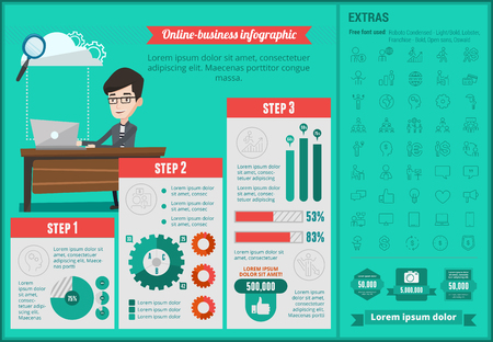 Online-business infographic template with caucasian businessman working on a laptop. Business infographics elements and icons. Highly customizable colours, shapes and charts. Vector flat design.のイラスト素材