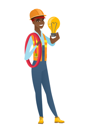 African-american builder in hard hat holding idea light bulb. Full length of builder having a creative idea. Successful idea concept. Vector flat design illustration isolated on white background.のイラスト素材