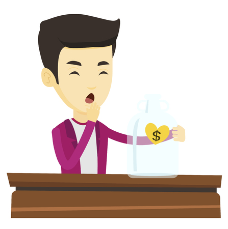 Worried asian business bankrupt looking at empty money box with dollar sign. Desperate bankrupt sitting at the table with empty money box. Vector flat design illustration isolated on white background.のイラスト素材