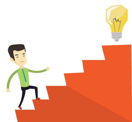 Asian business man walking upstairs to the idea light bulb. Young business man running up the stairs for the idea light bulb on the top. Vector flat design illustration isolated on white background.のイラスト素材