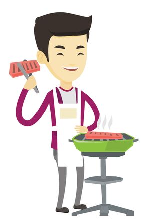 Asian man cooking steak on the barbecue grill outdoor. Young man preparing steak on the barbecue grill. Happy man having outdoor barbecue. Vector flat design illustration isolated on white background.のイラスト素材