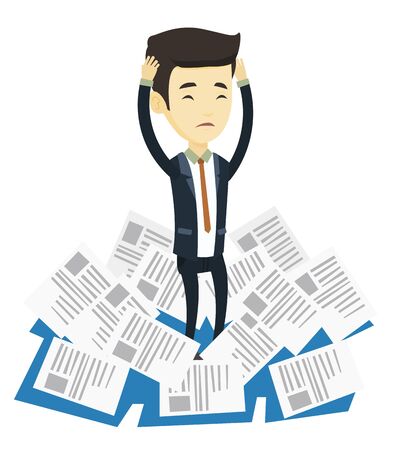 Asian business man surrounded by lots of papers. Overworked business man having a lot of paperwork. Man standing in the heap of papers. Vector flat design illustration isolated on white background.のイラスト素材