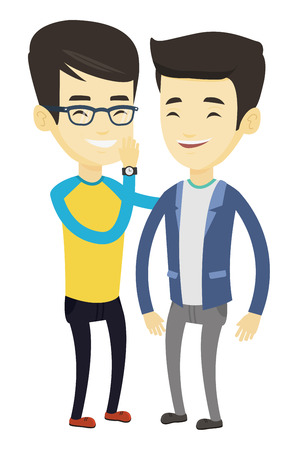 Young asian man shielding his mouth and whispering a gossip to his friend. Two men sharing gossips. Smiling friends discussing gossips. Vector flat design illustration isolated on white background.のイラスト素材