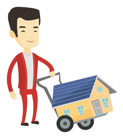 Happy asian man pushing a shopping trolley with a house. Young man buying new house. Man using shopping trolley to transport a small house. Vector flat design illustration isolated on white backgroundのイラスト素材