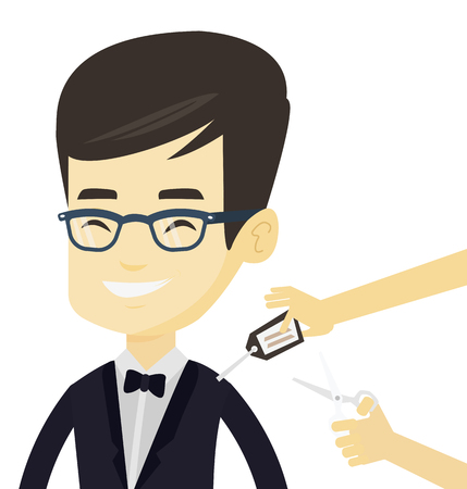 Young asian man cutting price tag off new clothes with scissors. Man removing price tag off new t-shirt. Man shopping at clothes store. Vector flat design illustration isolated on white background.のイラスト素材