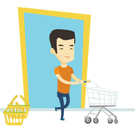 Young asian man running into the shop with trolley. Man rushing to shopping with empty shopping trolley. Man pushing supermarket trolley. Vector flat design illustration isolated on white background.のイラスト素材